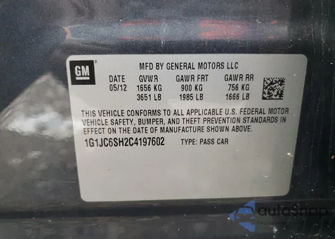 2012 Chevrolet Sonic Lt from USA, damaged, VIN 1G1JC6SH2C4197602